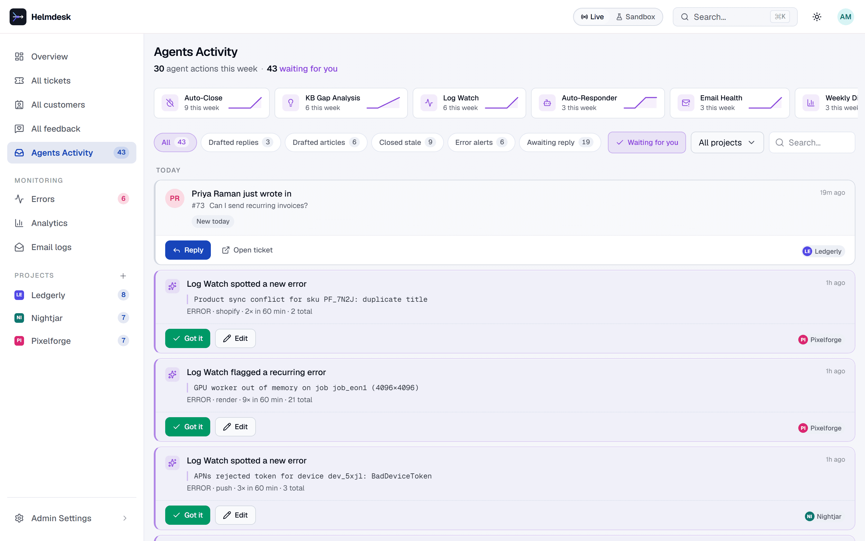 Agents Activity: a new ticket to reply to and Log Watch error alerts, each with Got it and Edit buttons