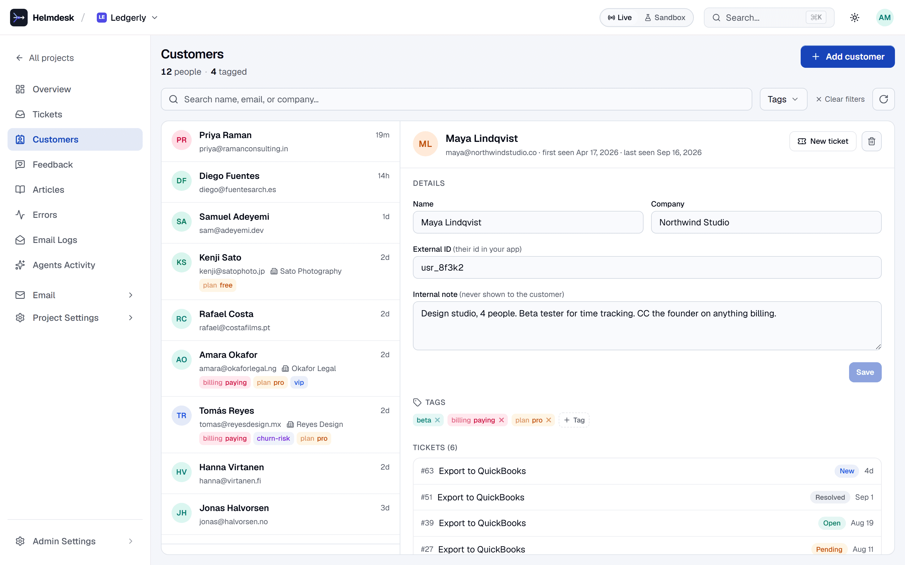 A customer record with company, external id, an internal note, tags and six previous tickets