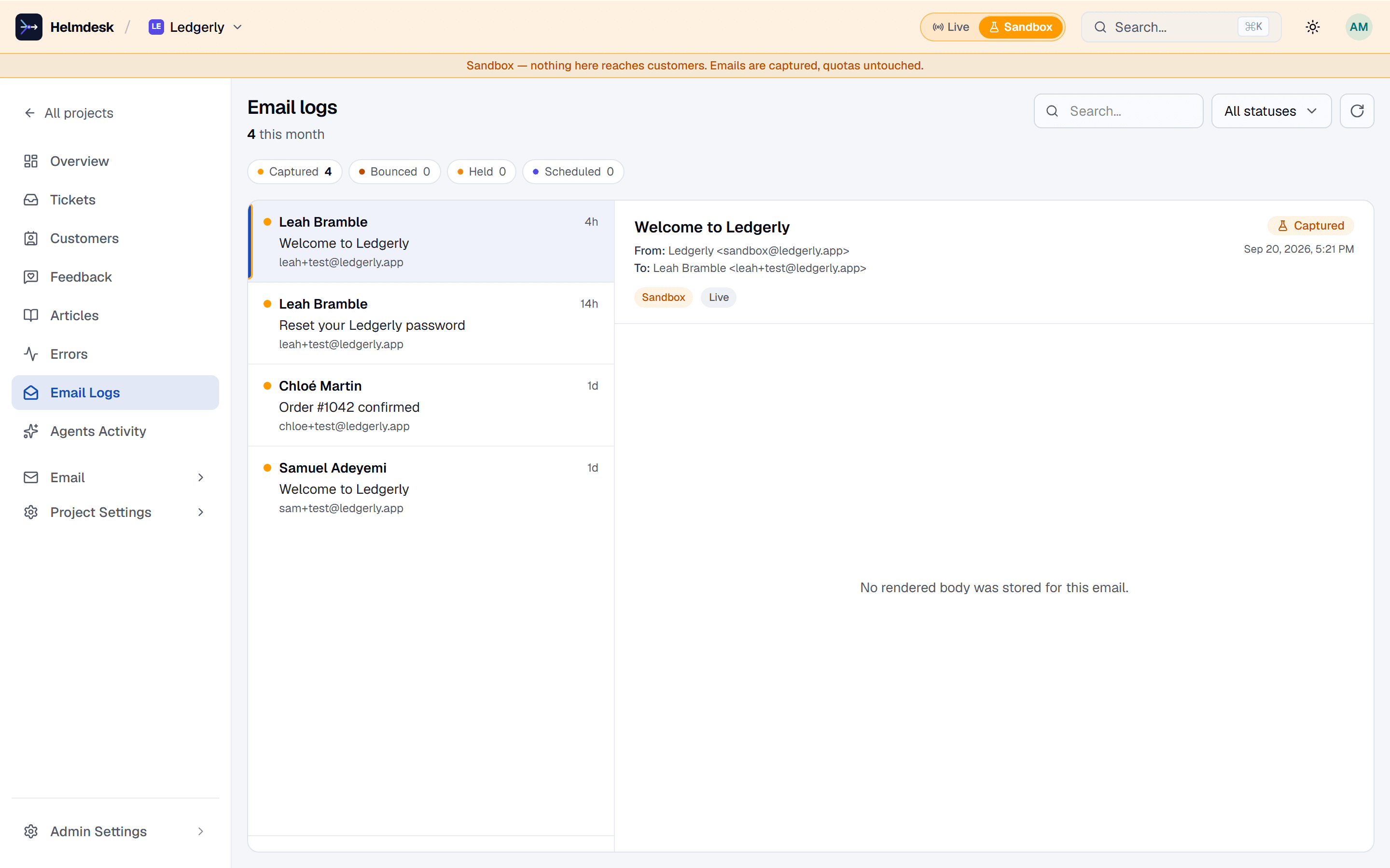 The Ledgerly email log in sandbox mode: welcome and password-reset emails marked Captured under a banner saying nothing reaches customers