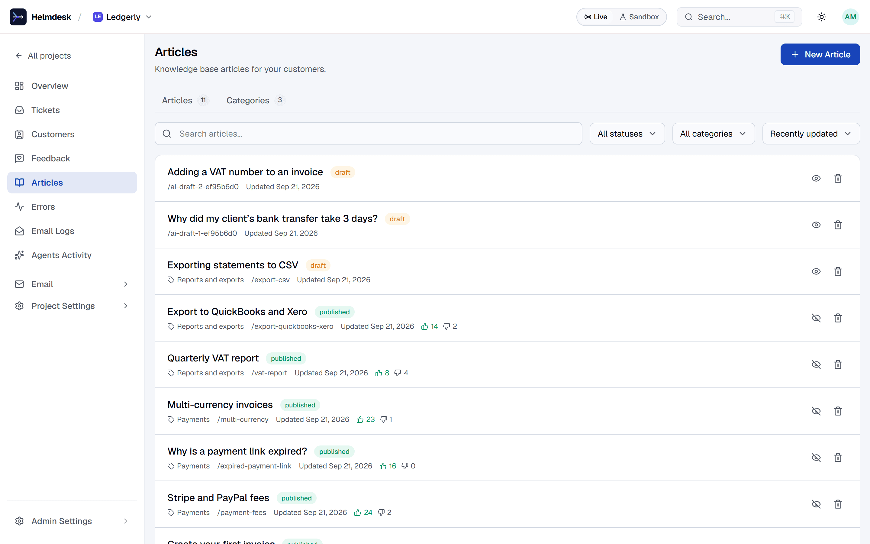 The knowledge base editor listing published articles