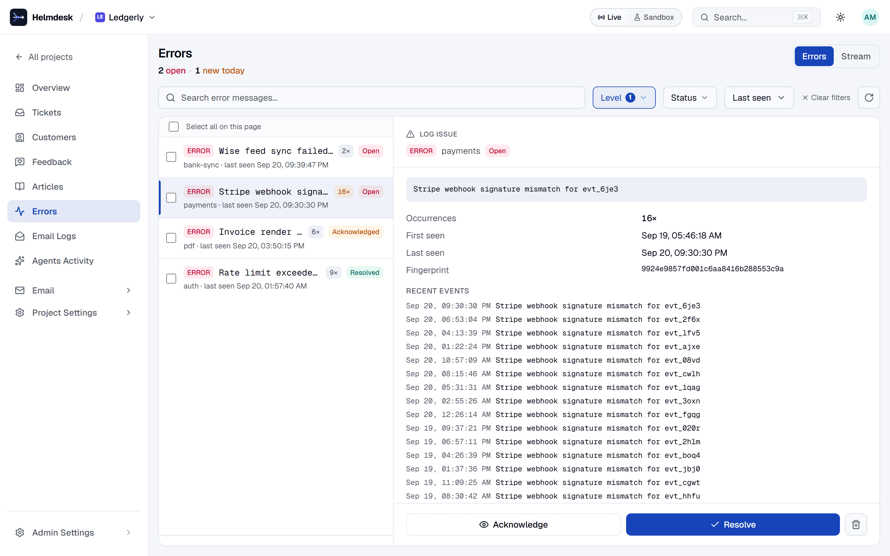 The Logs page showing error issues with counts and first and last seen