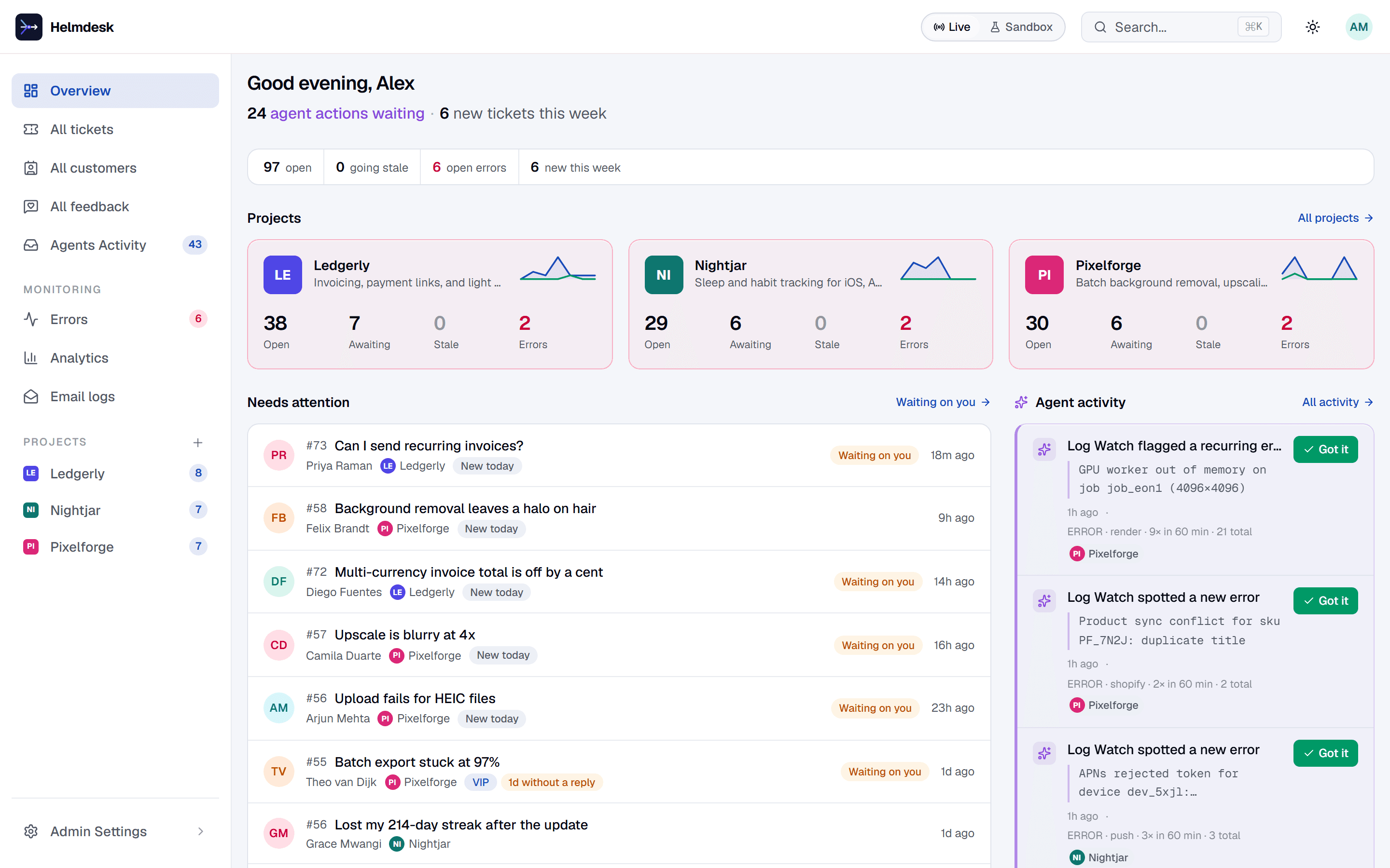 The Helmdesk overview for a new project, with its first stat cards