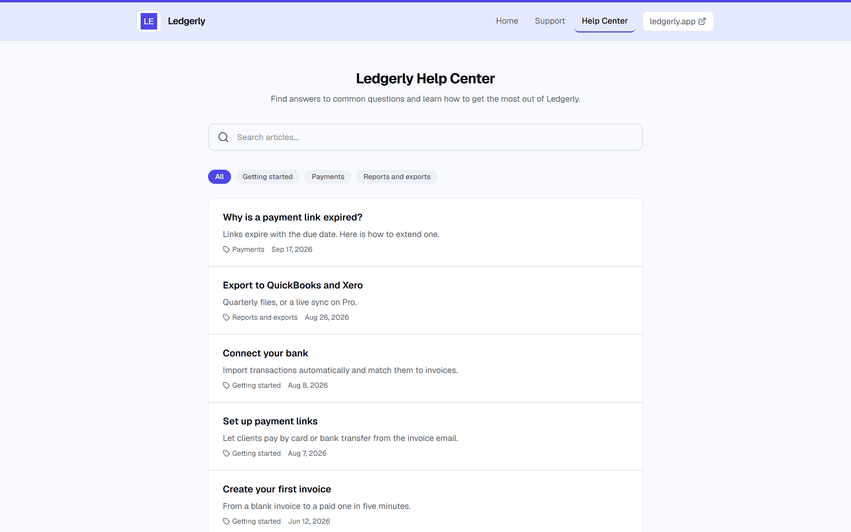 The Ledgerly help centre: a search box, category filters and a list of articles