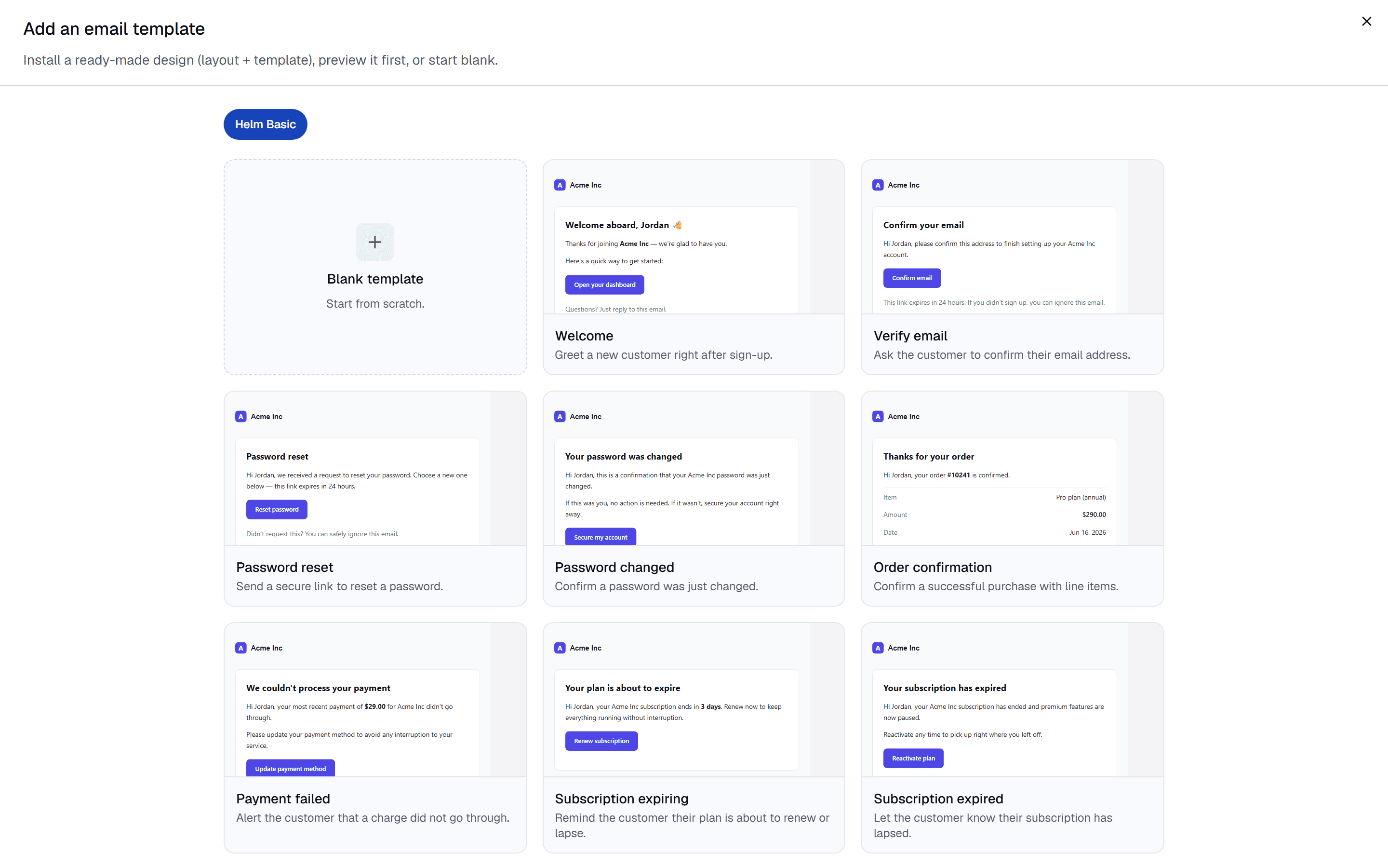 The email template gallery with installable designs