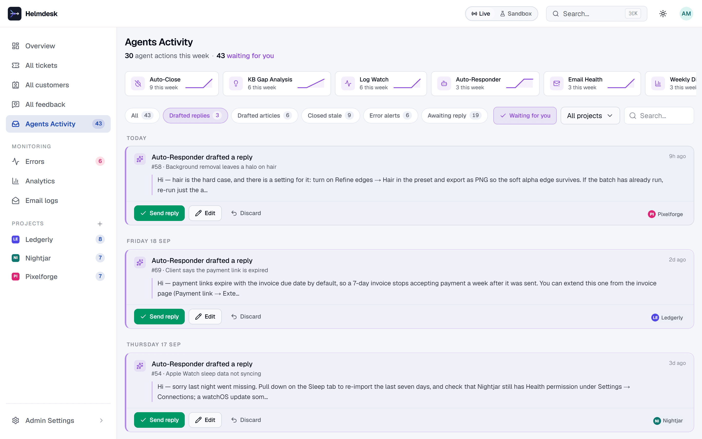 A ticket thread with an AI-drafted reply and Approve and Edit buttons