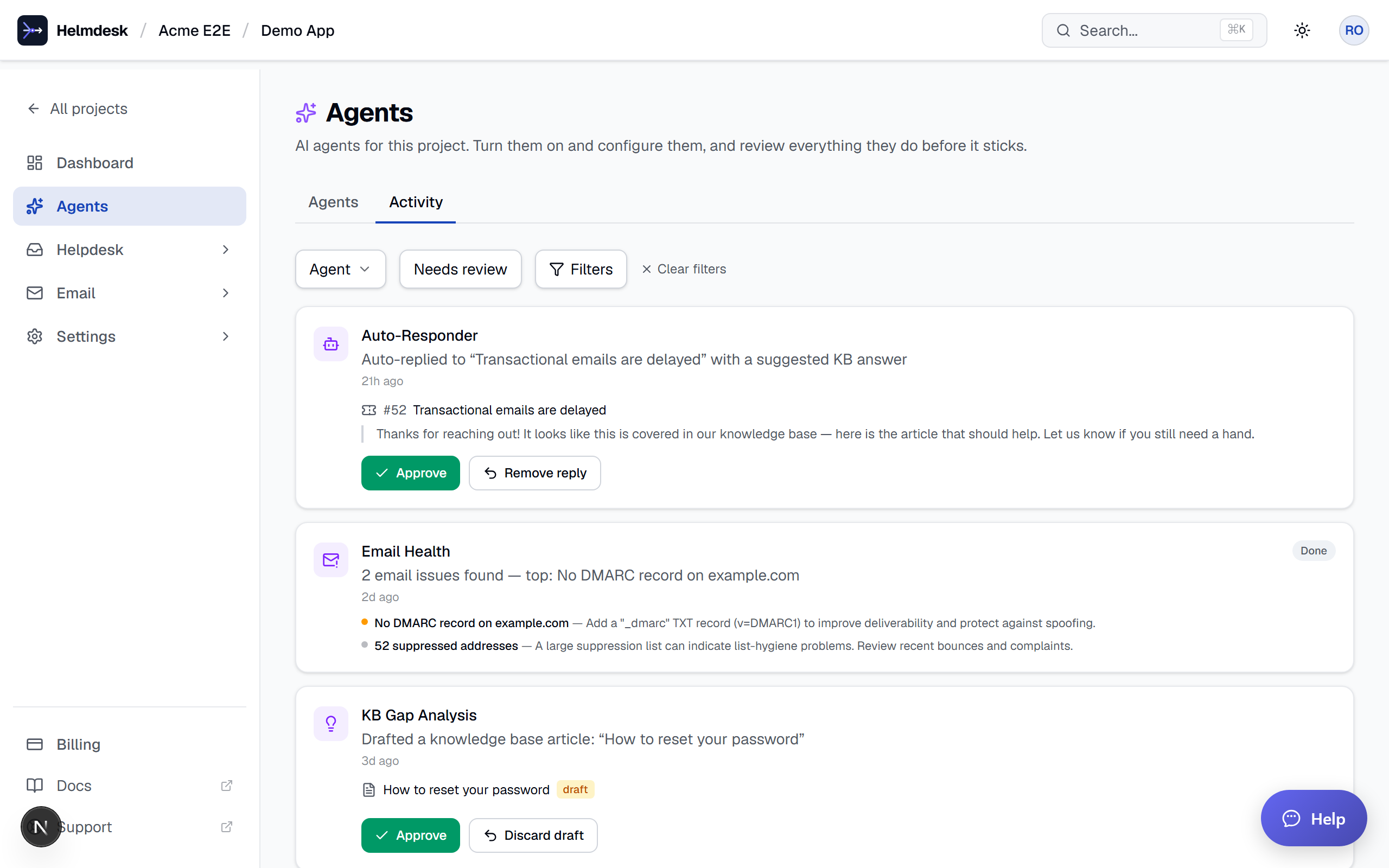 The agent activity queue: approve good work, revert the rest, every item linked to the ticket or article it touched