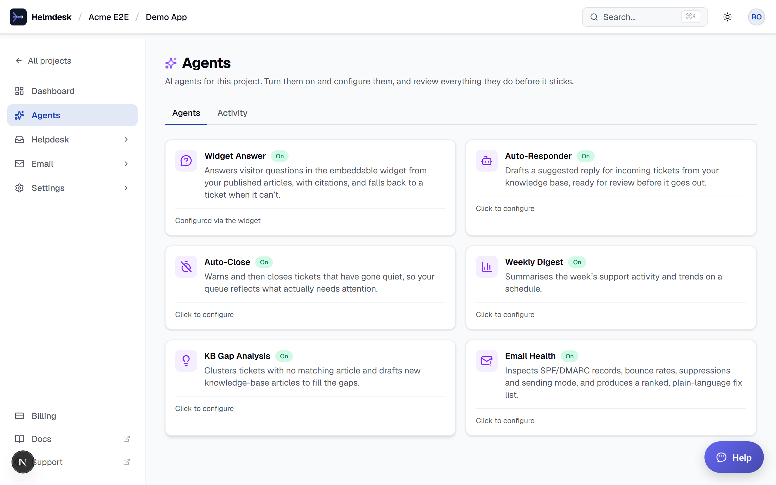 The Agents page: each agent is a card you can toggle on and configure per project