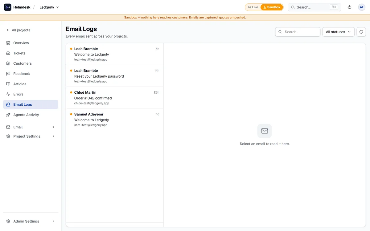 The email log, with the delivery status of every send