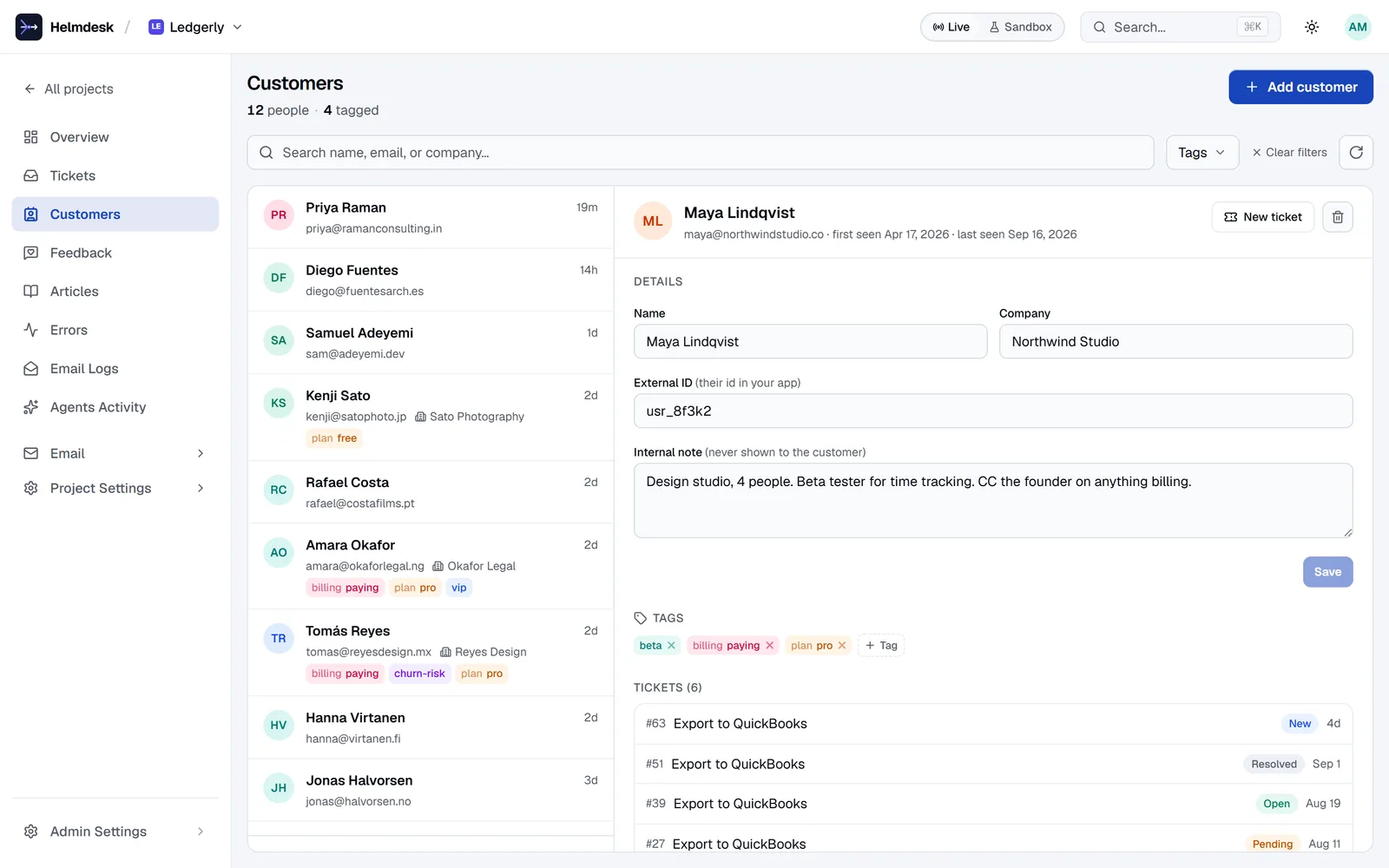A customer record: profile, tags, the staff-only note, and every ticket and feedback thread they ever sent