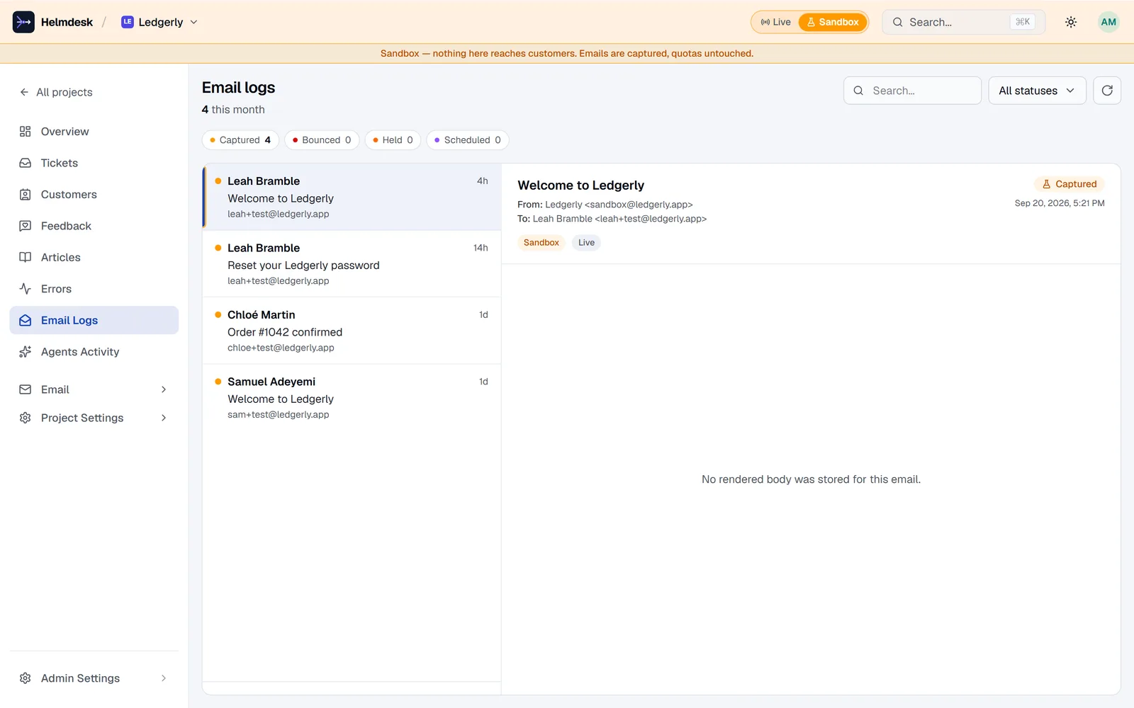 Sandbox email logs: every captured send under the amber banner, with the rendered email in the reading pane