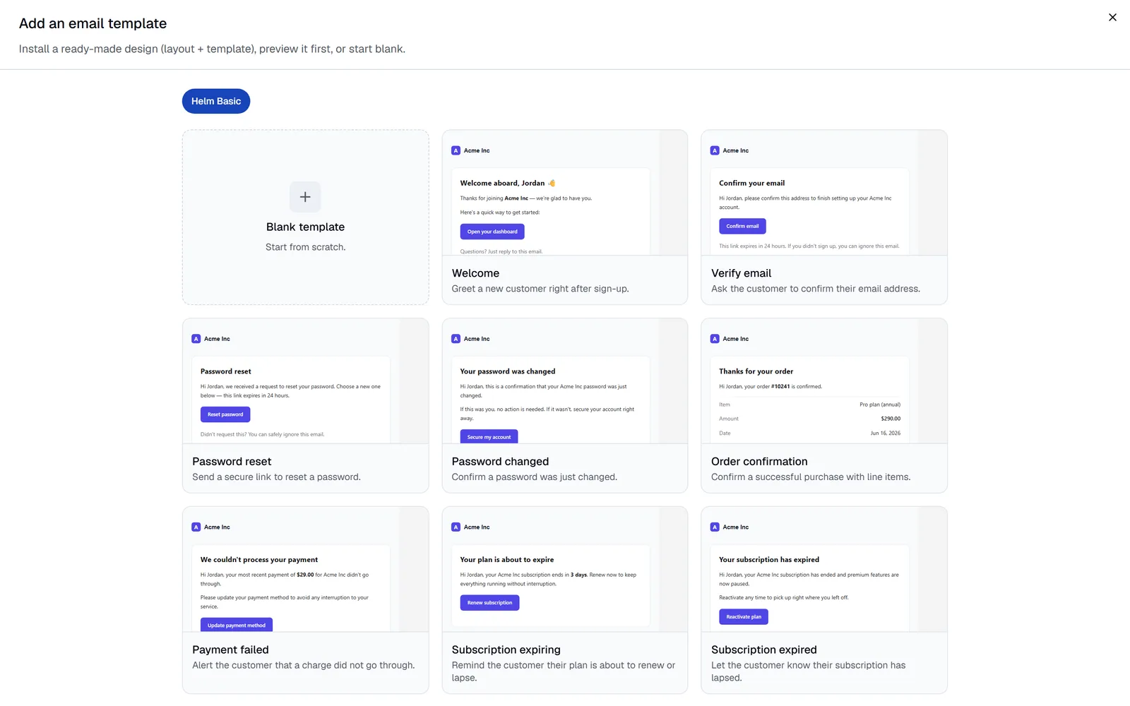 The template gallery: the built-in designs, with a large preview and a "Preview with" branding selector
