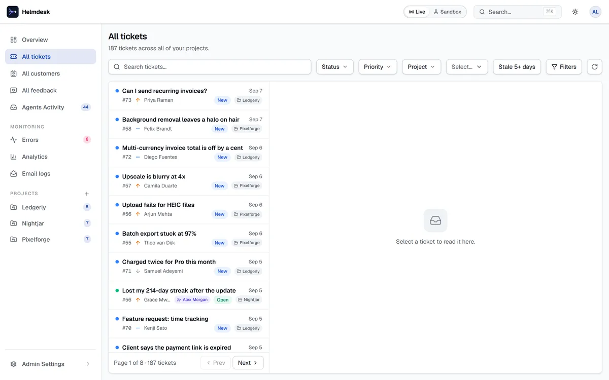 The account-level ticket list, showing every project's queue in one place